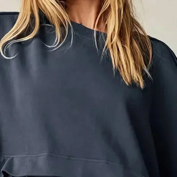 Long Sleeve Pleated Hem Sweater Dress Muted Navy Blue - Picture 3 of 4